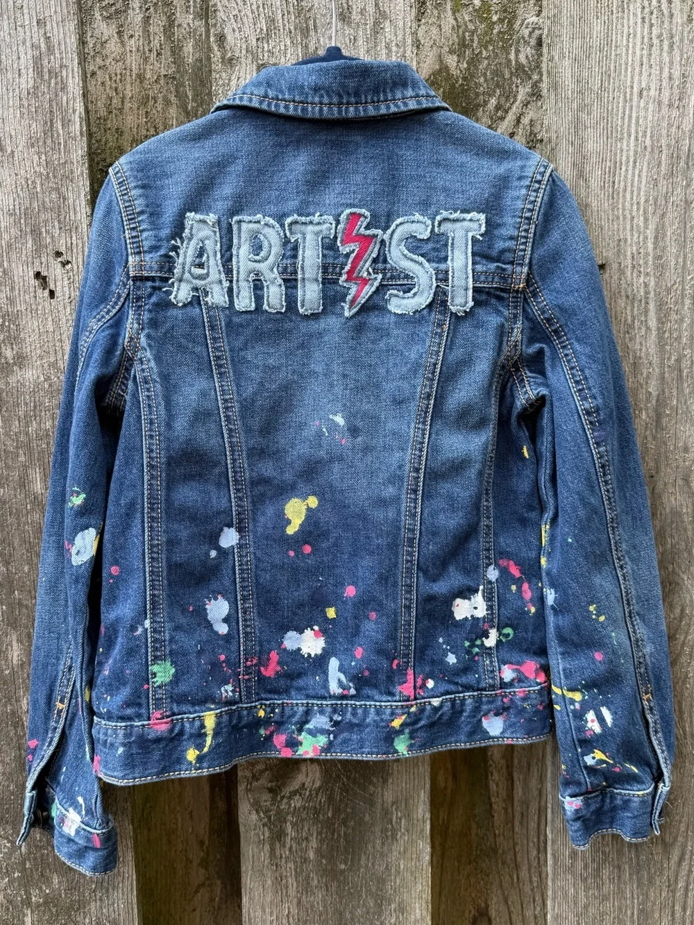 GAP Blue Denim Jacket with Artist back and Multicolor Paint Splatters